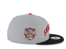 Load image into Gallery viewer, San Diego Padres New Era MLB 59FIFTY 5950 Fitted Cap Hat Gray Crown Black Visor Metallic Red/Black/White Logo 2016 All-Star Game Side Patch Red UV