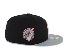 Load image into Gallery viewer, San Diego Padres New Era MLB 59FIFTY 5950 Fitted Cap Hat Black Crown Gray Visor Light Pink/White/Metallic Red Logo 40th Anniversary Side Patch Red UV