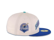 Load image into Gallery viewer, San Diego Padres New Era MLB 59FIFTY 5950 Fitted Cap Hat White Crown Royal Blue Visor Purple/Teal Arch Script/Text Logo 40th Anniversary Side Patch