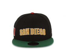 Load image into Gallery viewer, San Diego Padres New Era MLB 59FIFTY 5950 Fitted Cap Hat Black Crown Green Visor Metallic Gold Script/Text Logo Mexico Flag Side Patch Gray UV
