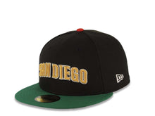 Load image into Gallery viewer, San Diego Padres New Era MLB 59FIFTY 5950 Fitted Cap Hat Black Crown Green Visor Metallic Gold Script/Text Logo Mexico Flag Side Patch Gray UV