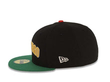 Load image into Gallery viewer, San Diego Padres New Era MLB 59FIFTY 5950 Fitted Cap Hat Black Crown Green Visor Metallic Gold Script/Text Logo Mexico Flag Side Patch Gray UV