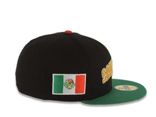 Load image into Gallery viewer, San Diego Padres New Era MLB 59FIFTY 5950 Fitted Cap Hat Black Crown Green Visor Metallic Gold Script/Text Logo Mexico Flag Side Patch Gray UV