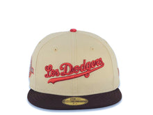 Load image into Gallery viewer, Los Angeles Dodgers New Era MLB 59FIFTY 5950 Fitted Cap Hat Vegas Gold Crown Dark Brown Visor Red Los Dodgers Script Logo 75th Anniversary Side Patch