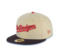 Load image into Gallery viewer, Los Angeles Dodgers New Era MLB 59FIFTY 5950 Fitted Cap Hat Vegas Gold Crown Dark Brown Visor Red Los Dodgers Script Logo 75th Anniversary Side Patch