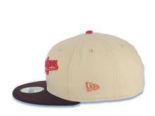 Load image into Gallery viewer, Los Angeles Dodgers New Era MLB 59FIFTY 5950 Fitted Cap Hat Vegas Gold Crown Dark Brown Visor Red Los Dodgers Script Logo 75th Anniversary Side Patch