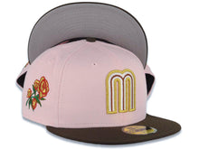 Load image into Gallery viewer, Mexico New Era WBC World Baseball Classic 59FIFTY 5950 Fitted Cap Hat Pink Crown Brown Visor White/Metallic Gold/Brown Logo Rose Side Patch Gray UV
