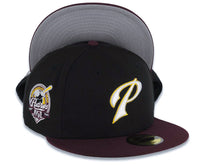 Load image into Gallery viewer, San Diego Padres New Era MLB 59FIFTY 5950 Fitted Cap Hat Black Crown Maroon Visor White/Yellow P Logo 40th Anniversary Side Patch Gray UV