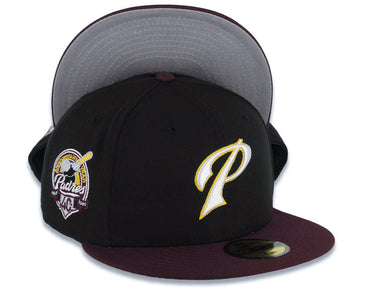San Diego Padres New Era MLB 59FIFTY 5950 Fitted Cap Hat Black Crown Maroon Visor White/Yellow P Logo 40th Anniversary Side Patch Gray UV