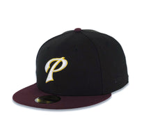 Load image into Gallery viewer, San Diego Padres New Era MLB 59FIFTY 5950 Fitted Cap Hat Black Crown Maroon Visor White/Yellow P Logo 40th Anniversary Side Patch Gray UV