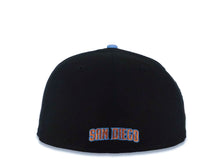 Load image into Gallery viewer, San Diego Padres New Era MLB 59FIFTY 5950 Fitted Cap Hat Black Crown Gray Visor Metallic Brown/Sky Blue Logo Rose Side Patch Sky Blue UV