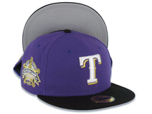 Load image into Gallery viewer, Texas Rangers New Era 59FIFTY 5950 Fitted Cap Hat Purple Crown Black Visor White/Metallic Gold Logo 1995 All-Star Game Side Patch Gray UV