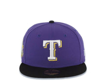 Load image into Gallery viewer, Texas Rangers New Era 59FIFTY 5950 Fitted Cap Hat Purple Crown Black Visor White/Metallic Gold Logo 1995 All-Star Game Side Patch Gray UV