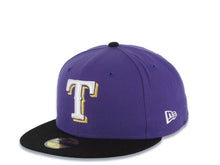 Load image into Gallery viewer, Texas Rangers New Era 59FIFTY 5950 Fitted Cap Hat Purple Crown Black Visor White/Metallic Gold Logo 1995 All-Star Game Side Patch Gray UV