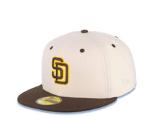 Load image into Gallery viewer, San Diego Padres New Era MLB 59FIFTY 5950 Fitted Cap Hat Cream Crown Brown Visor Brown/Yellow Logo Batterman Batty Side Logo Gray UV