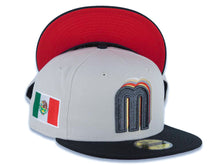 Load image into Gallery viewer, Mexico New Era WBC 59FIFTY 5950 Fitted Cap Hat Stone Crown Black Visor Metallic Black/Gold Staggered Logo Mexico Flag Side Patch Red UV