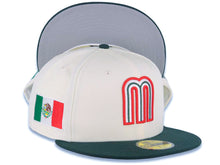 Load image into Gallery viewer, Mexico New Era WBC World Baseball Classic 59FIFTY 5950 Fitted Cap Hat Cream Crown Dark Green Visor White/Dark Green/Red Logo Mexico Flag Side Patch