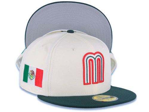 Mexico New Era WBC World Baseball Classic 59FIFTY 5950 Fitted Cap Hat Cream Crown Dark Green Visor White/Dark Green/Red Logo Mexico Flag Side Patch