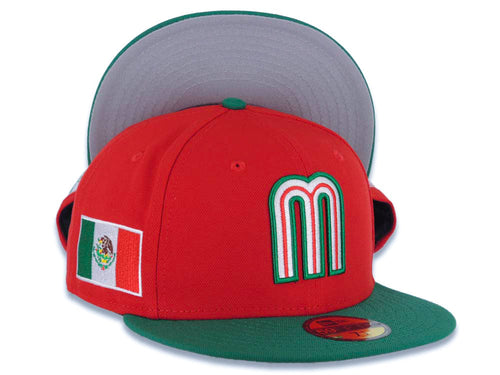 Mexico New Era WBC World Baseball Classic 59FIFTY 5950 Fitted Cap Hat Red Crown Green Visor White/Green/Red Logo Mexico Flag Side Patch Gray UV