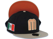 Load image into Gallery viewer, Mexico New Era WBC World Baseball Classic 59FIFTY 5950 Fitted Cap Hat Black Crown Khaki Visor Metallic Brown/Orange Logo Mexico Flag Side Patch