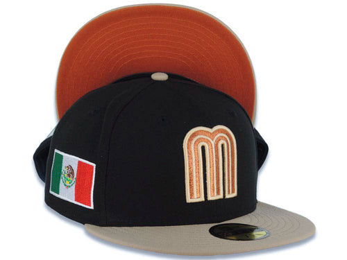 Mexico New Era WBC World Baseball Classic 59FIFTY 5950 Fitted Cap Hat Black Crown Khaki Visor Metallic Brown/Orange Logo Mexico Flag Side Patch