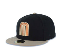 Load image into Gallery viewer, Mexico New Era WBC World Baseball Classic 59FIFTY 5950 Fitted Cap Hat Black Crown Khaki Visor Metallic Brown/Orange Logo Mexico Flag Side Patch