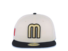 Load image into Gallery viewer, Mexico New Era WBC World Baseball Classic 59FIFTY 5950 Fitted Cap Hat Cream Crown Black Visor Metallic Gold/Black/White Mexico Flag Side Patch Gray UV