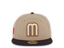 Load image into Gallery viewer, Mexico New Era WBC World Baseball Classic 59FIFTY 5950 Fitted Cap Hat Khaki Crown Dark Brown Visor Cream/Dark Brown/Yellow Logo Mexico Flag Side Patch