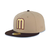Load image into Gallery viewer, Mexico New Era WBC World Baseball Classic 59FIFTY 5950 Fitted Cap Hat Khaki Crown Dark Brown Visor Cream/Dark Brown/Yellow Logo Mexico Flag Side Patch
