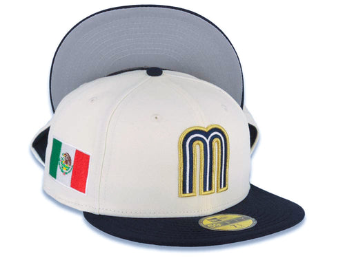 Mexico New Era WBC World Baseball Classic 59FIFTY 5950 Fitted Cap Hat Cream Crown Navy Blue Visor Navy Blue/Metallic Gold/White Logo Mexico Side Patch