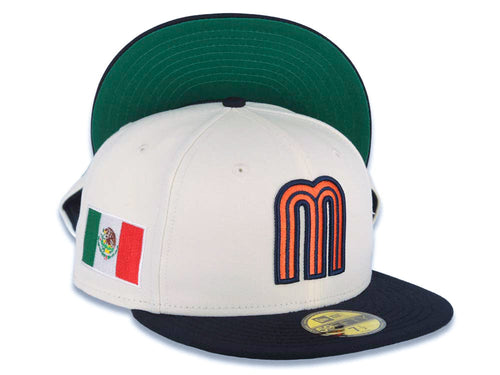 Mexico New Era WBC World Baseball Classic 59FIFTY 5950 Fitted Cap Hat Cream Crown Navy Blue Visor Orange/Navy Blue Logo Mexico Flag Side Patch Green UV