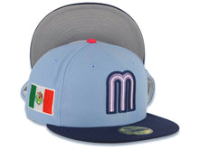 Load image into Gallery viewer, Mexico New Era WBC World Baseball Classic 59FIFTY 5950 Fitted Cap Hat Sky Blue Crown Navy Blue Visor Purple/White/Navy Logo Mexico Flag Side Patch
