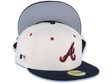 Load image into Gallery viewer, Atlanta Braves New Era MLB 59FIFTY 5950 Fitted Cap Hat Cream Crown Navy Blue Visor Navy/Red Batterman Batty Side Patch Logo Gray UV