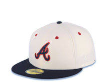 Load image into Gallery viewer, Atlanta Braves New Era MLB 59FIFTY 5950 Fitted Cap Hat Cream Crown Navy Blue Visor Navy/Red Batterman Batty Side Patch Logo Gray UV