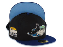 Load image into Gallery viewer, Tampa Bay Rays New Era MLB 59FIFTY 5950 Fitted Cap Hat Black Crown Navy Visor Glow White/Yellow Logo Tropicana Field Stadium Side Patch Sky Blue UV