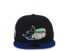 Load image into Gallery viewer, Tampa Bay Rays New Era MLB 59FIFTY 5950 Fitted Cap Hat Black Crown Navy Visor Glow White/Yellow Logo Tropicana Field Stadium Side Patch Sky Blue UV