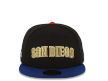 Load image into Gallery viewer, San Diego Padres New Era MLB 59FIFTY 5950 Fitted Cap Hat Black Crown Light Royal Blue Visor Metallic Gold/Glow White Logo Batterman Batty Side Patch Gray UV