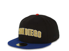 Load image into Gallery viewer, San Diego Padres New Era MLB 59FIFTY 5950 Fitted Cap Hat Black Crown Light Royal Blue Visor Metallic Gold/Glow White Logo Batterman Batty Side Patch Gray UV