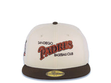 Load image into Gallery viewer, San Diego Padres New Era MLB 59FIFTY 5950 Fitted Cap Hat Cream Crown Brown Visor Brown/Orange Script Logo 40th Anniversary Side Patch Cream UV