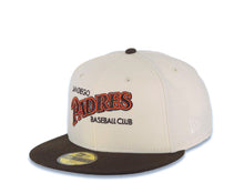 Load image into Gallery viewer, San Diego Padres New Era MLB 59FIFTY 5950 Fitted Cap Hat Cream Crown Brown Visor Brown/Orange Script Logo 40th Anniversary Side Patch Cream UV