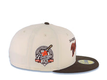Load image into Gallery viewer, San Diego Padres New Era MLB 59FIFTY 5950 Fitted Cap Hat Cream Crown Brown Visor Brown/Orange Script Logo 40th Anniversary Side Patch Cream UV