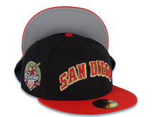 Load image into Gallery viewer, San Diego Padres New Era MLB 59FIFTY 5950 Fitted Cap Hat Black Crown Red Visor Metallic Red/White/Metallic Gold Logo 40th Anniversary Side Patch Gray UV