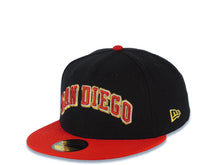 Load image into Gallery viewer, San Diego Padres New Era MLB 59FIFTY 5950 Fitted Cap Hat Black Crown Red Visor Metallic Red/White/Metallic Gold Logo 40th Anniversary Side Patch Gray UV