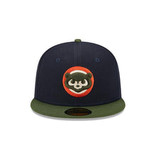 Load image into Gallery viewer, Chicago Cubs New Era MLB 59FIFTY 5950 Fitted Life Style Sprouted Cap Hat Navy Blue Crown Olive Visor Green/Red Logo 100th Anniversary Side Patch