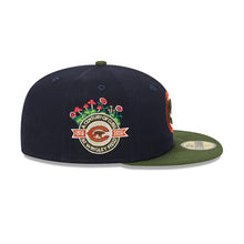 Load image into Gallery viewer, Chicago Cubs New Era MLB 59FIFTY 5950 Fitted Life Style Sprouted Cap Hat Navy Blue Crown Olive Visor Green/Red Logo 100th Anniversary Side Patch