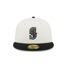Load image into Gallery viewer, Seattle Mariners New Era MLB 59FIFTY 5950 Fitted Wildlife Cap Hat Cream Crown Black Visor Metallic Black Logo Whale Side Patch