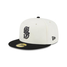 Load image into Gallery viewer, Seattle Mariners New Era MLB 59FIFTY 5950 Fitted Wildlife Cap Hat Cream Crown Black Visor Metallic Black Logo Whale Side Patch