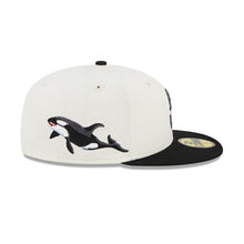 Load image into Gallery viewer, Seattle Mariners New Era MLB 59FIFTY 5950 Fitted Wildlife Cap Hat Cream Crown Black Visor Metallic Black Logo Whale Side Patch