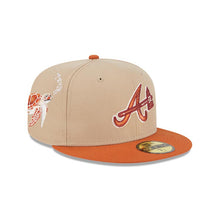 Load image into Gallery viewer, Atlanta Braves New Era MLB 59FIFTY 5950 Fitted Wildlife Cap Hat Wheat Crown Dark Orange Visor Orange Axe Logo Turtle Side Patch Peach UV