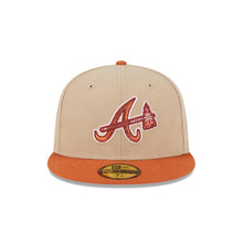 Load image into Gallery viewer, Atlanta Braves New Era MLB 59FIFTY 5950 Fitted Wildlife Cap Hat Wheat Crown Dark Orange Visor Orange Axe Logo Turtle Side Patch Peach UV